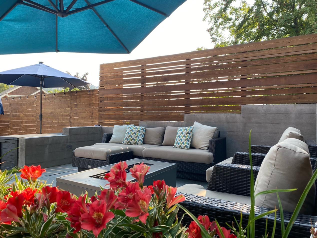 Fire table and lounge seating on a private Okanagan patio